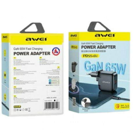 AWEI PD55-EU 65W USB + USB-C must GaN laadija
