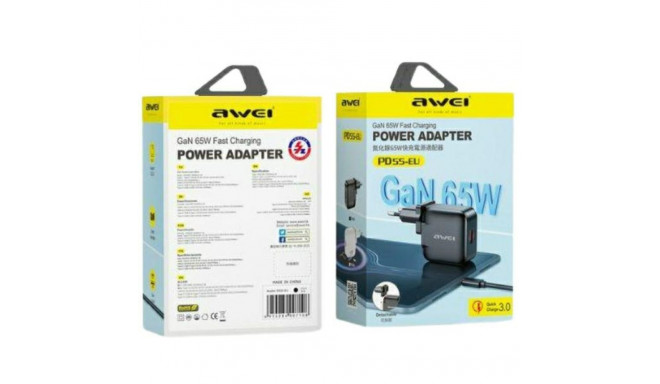 AWEI PD55-EU 65W USB + USB-C must GaN laadija