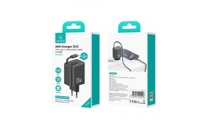 USAMS Charger 1xUSB-C with retractable USB-C Retractable PD+QC 20W Gan Fast Charging white