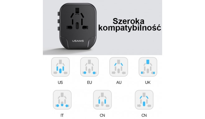 USAMS võrgukaart. 2xUSB T55 12W4in1 US/AU/EU/UK must/must CC173TC01 (US-CC173) universaalne reisilaa