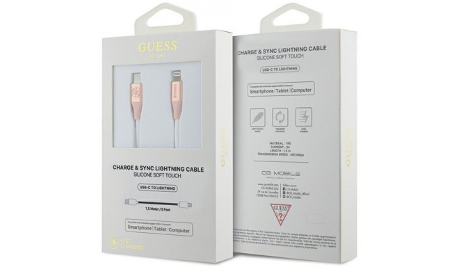 Guess GUCLLALRGDP USB-C - Lightning cable 1.5m Fast Charging pink/pink Ebossed Logo