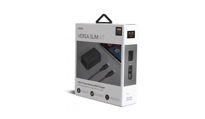 UNIQ Versa Slim laadija USB-C PD 18W + USB-C–USB-C kaabel söehall must (LITHOS Collect