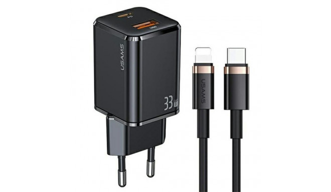 USAMS wall charger 1xUSB-C+1xUSB T43 33W PD3.0 + QC3.0 + U63 cable USB-C to Lightning black USKT