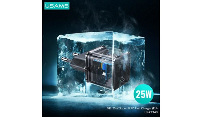 USAMS Wall Charger 1xUSB-C T42 mini 25W (head only) Super SI 5V-3A PD3.0 Fast Charging black CC1