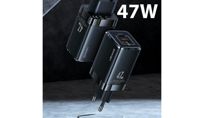USAMS T41 USB-C + USB GaN 47W PD + QC (ainult pea) kiirlaadimine must CC137TC01 (US-CC1