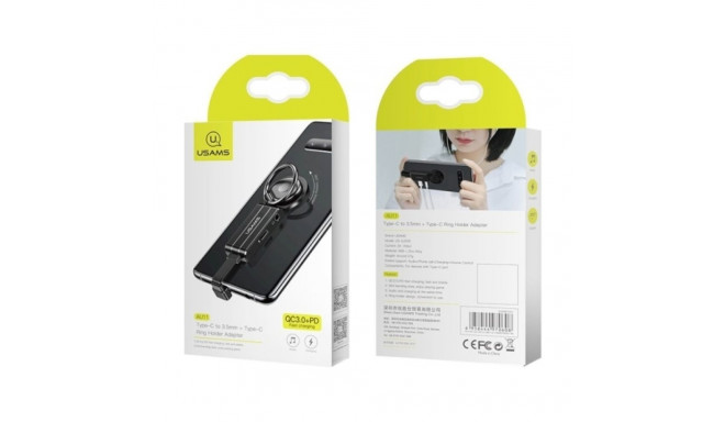 Usams adapter AU11 2in1 USB-C - 3,5 mm + USB-C + sõrmusehoidja must/must SJ359TC01 (US-SJ359)