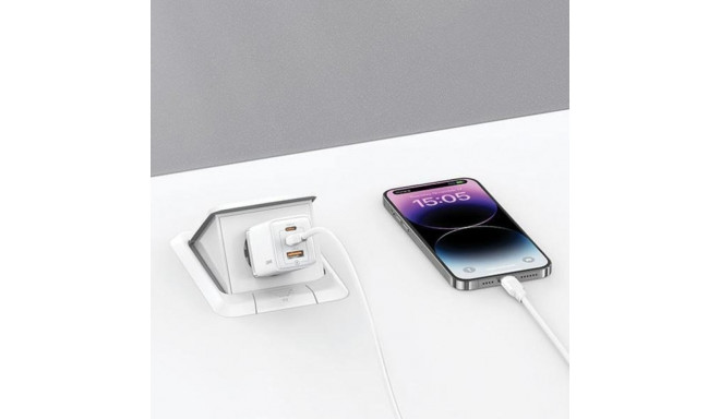 USAMS laadija 2xUSB-C+1xUSB 65W (ainult pea) GaN PD3.0 +QC3.0 kiirlaadimine valge Sandru Series CC18