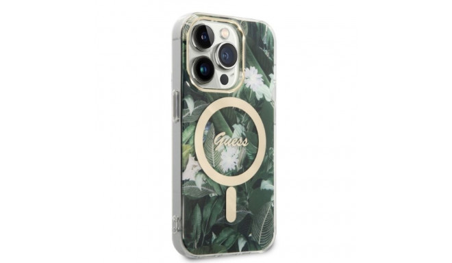 Guess Set GUBPP14LHJEACSA ümbris+laadija iPhone 14 Pro 6.1" roheline kõva ümbris Jungle MagSafe