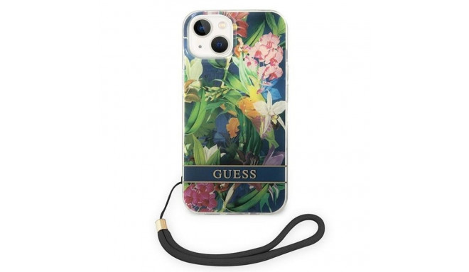 Guess GUOHCP14SHFLSB iPhone 14 / 15 / 13 6.1" sinine kõvakaaneline lilleline rihmaga ümbris