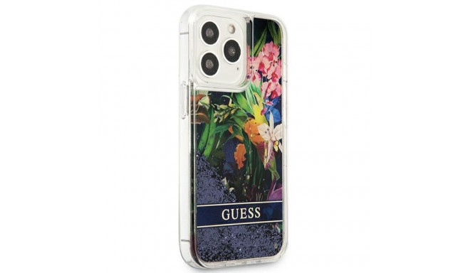 Guess GUHCP13LLFLSB iPhone 13 Pro / 13 6.1" sinine kõvakaaneline ümbris lilledega vedel sädelus