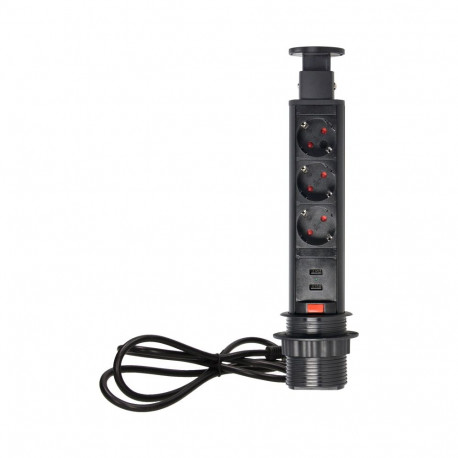 Gniazdo meblowe -6cm wysuwane z blatu z ładowarką USB, blokadą i przewodem 1,8m, 3x2P+Z (Schuko), cz