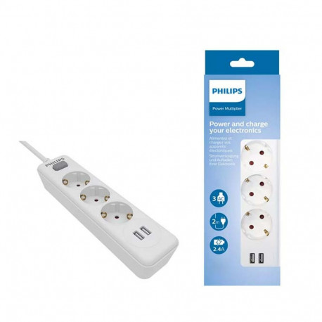 Power strip PHILIPS etension cord 3 sockets + 2 USB 2m 10A white