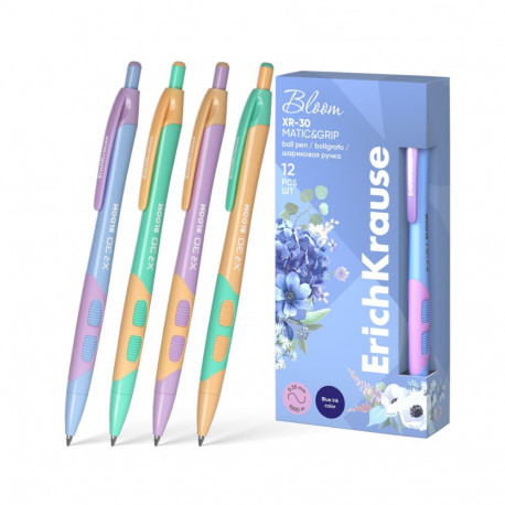 Retractable ballpoint pen ErichKrause XR-30 Matic&Grip Pastel Bloom, ink color: blue (box 12 pcs.)