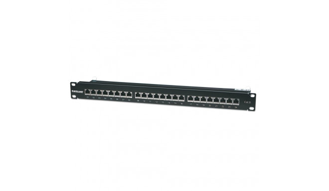 Intellinet Patch Panel, Cat6, FTP, 24-Port, 1U, Shielded, 90° Top-Entry Punch-Down Blocks, Black