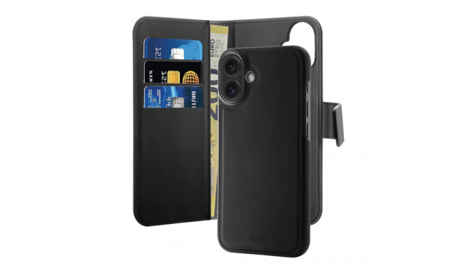 Puro Wallet Detachable MagSafe 2in1 PU Leather Case with Flap and Wallet for iPhone 16 - Black