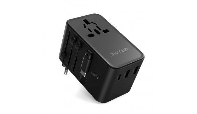 Choetech PD5021 45W EU/US/AUS/UK Travel Adapter with Built-in USB-C Cable - Black