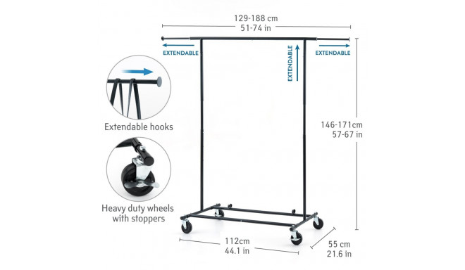 Tatkraft Derek Heavy Duty 70 kg ratastel riidestange, pikkus 129-188, laius 146-171 cm, must