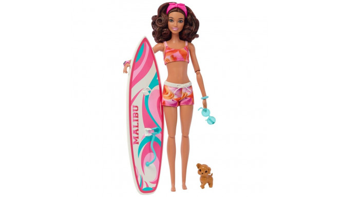 Barbie poseeritav brünett rannanukk surfilaua ja kutsikaga