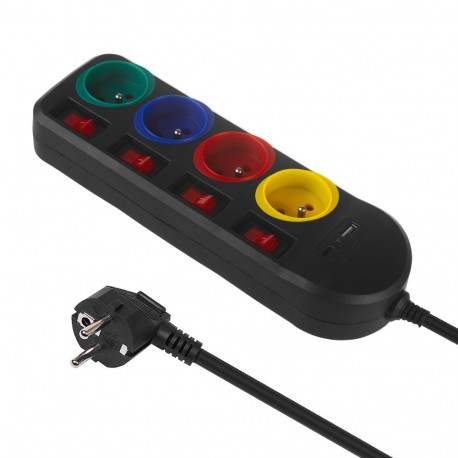 Maclean 4-pesaga pikendusjuhe USB A / C, lülititega, 250VAC/10A, 1.5m, must, MCE508 B