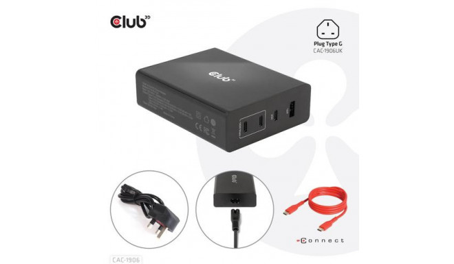 CLUB3D Travel Charger 132W GAN technology, Four port USB Type-A and -C, Power Delivery(PD) 3.0 Suppo