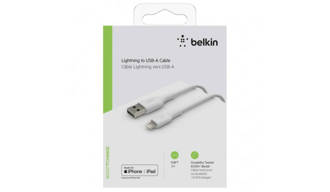 Belkin Lightning laadimis-/sünkroonimiskaabel 3m, PVC, valge, MFi sertifitseeritud