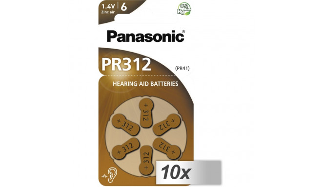 10x1 Panasonic PR 312 Hearing Aid Batteries Zinc Air 6 pcs.