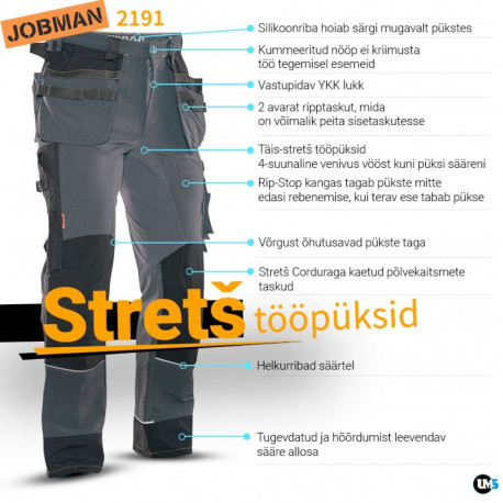 Jobman stretch vööpüksid ripptaskutega 2191 hallid 60