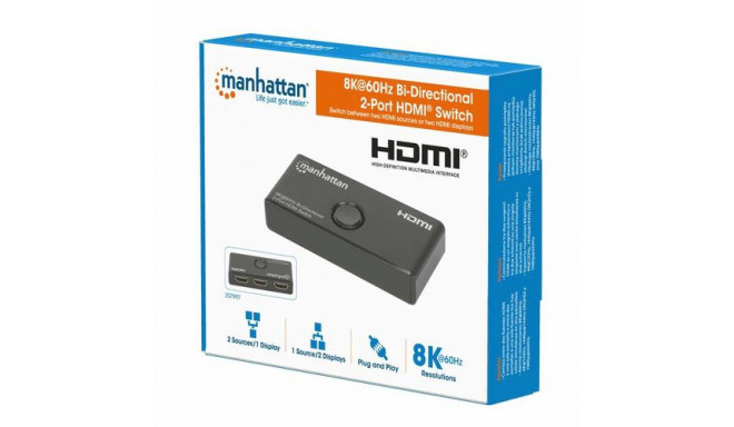 Manhattan HDMI Switch 2-Port, 8K@60Hz, Bi-Directional, Black, Displays output from x1 HDMI source to