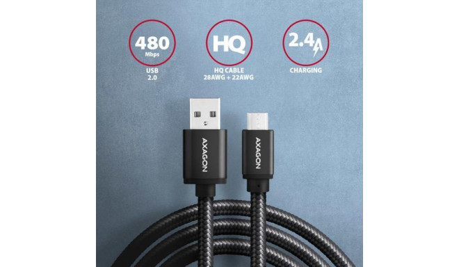 Axagon BUMM-AM10AB HQ cable Micro USB &lt;-&gt; USB-A, 1m, USB 2.0, 2.4A, ALU, braid, black