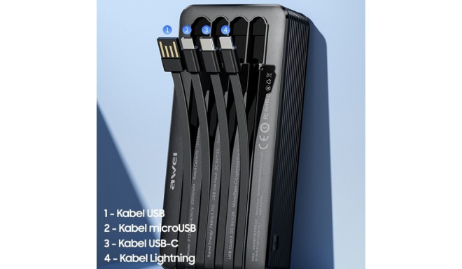 AWEI akupank P134K 20000mAh must/must ekraan + USB/PD/Lightning/MicroUSB kaablid