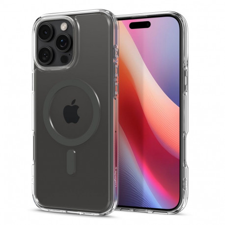 Kaitseümbris Ultra Hybrid (MagFit), Apple iPhone 16 Pro, läbipaistev tumehalli MagSafe ringiga, Spig