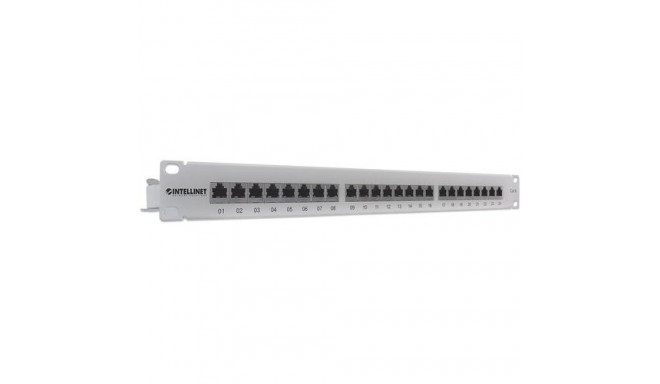 Intellinet Patch Panel, Cat6, FTP, 24-Port, 1U, Shielded, 90° Top-Entry Punch-Down Blocks, Grey