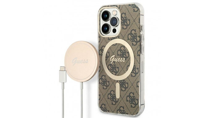 Guess Set GUBPP13LH4EACSW ümbris+laadija iPhone 13 Pro pruun kõva ümbris 4G trükk MagSafe