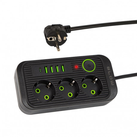 98-235# Przedłużacz sieciowy ps-350u 3-gniazda 4xusb 1xusb-c 5m czarny 3x1mm