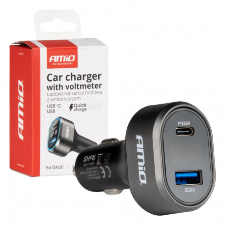 AMIO auto kiirlaadija amio-04178 48W PD30W QC3.0 USB-A USB-C voltmeetriga