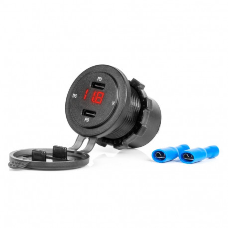 Veekindel autolaadija usb-pesade ja pingetesteriga 2x usb-c 12v 24v amio-04225