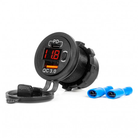 Ładowarka samochodowa z gniazdami usb i testerem napięcia wodoodporna z włącznikiem usb + usb c qc3.