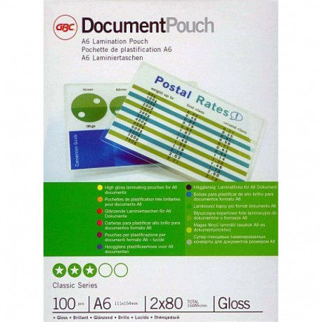 Lamineerimiskile A6 80mic, (111x154) 100 A6 kile pakis, GBC Document Laminating Pouches Gloss