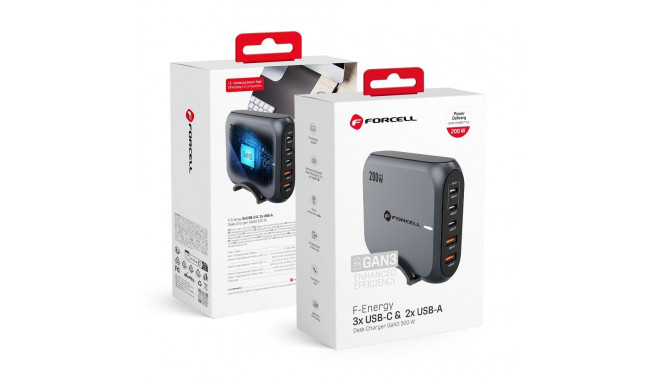 FORCELL F-ENERGY GaN III VT-51 desktop charger 3 x Typ C + 2 x USB A PD QC4.0 SFC2.0 5A 200W gray