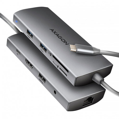 AXAGON USB-C 3.2 Gen 1 mitmeportiline jaotur 3× USB-A 4K/60Hz HDMI SD/microSD Gigabit LAN heli PD 10