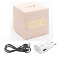 Evelatus EMC02 Digital Wood Cube Alarm Clock with temperature + USB adapter White