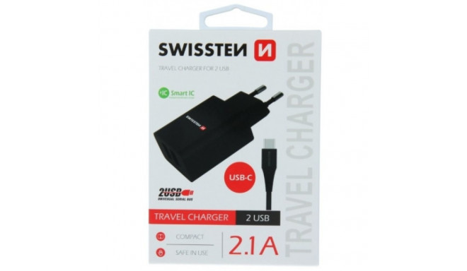 Swissten Smart IC Travel Charger 2 x USB 2.1А + USB-C Cable Black