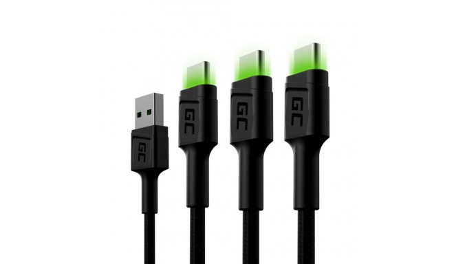 Green Cell komplekt 3x Ray USB-C 120cm kaabel rohelise LED-taustvalgustusega, kiirlaadimine Ultra Ch