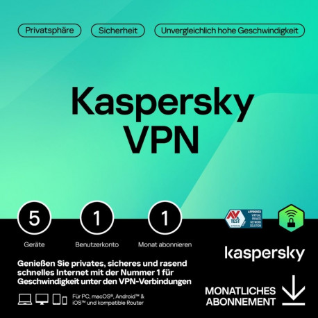 Kaspersky Secure Connection tellimus (ABO) 1 kasutaja 5 seadet 1 kuu ESD allalaadimine