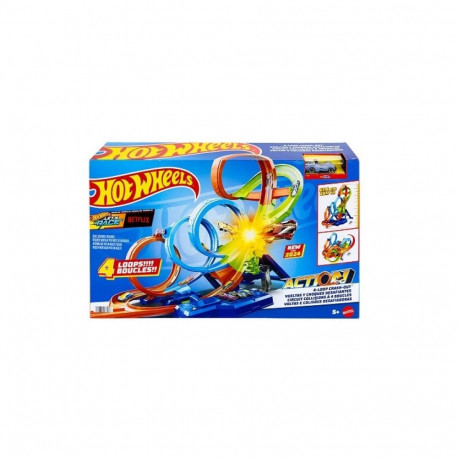 Hot Wheels Action 4-loopiga kokkupõrkerada mootoriga kiirendiga ja 1:64 mõõtkavas mänguauto