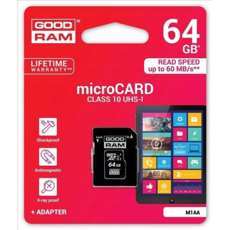 Goodram mälukaart microSDXC 64GB C10 UHS-I + adapter
