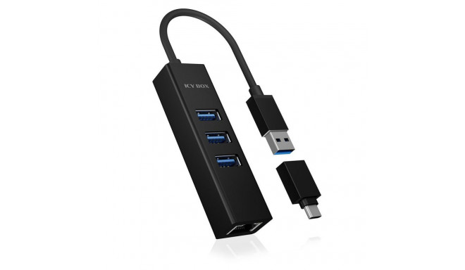 Raidsonic 4 Port Hub with USB 3.0 Type-A, Type-C, Gigabit LAN Icy Box IB-HUB1419-LAN Black