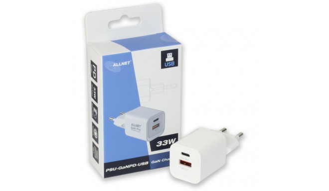 "Z ALLNET Ersatznetzteil QC USB-C PD GaN Netzteil Power Supply33Watt 1x USB Typ-A QC 1x USB Typ-C**E