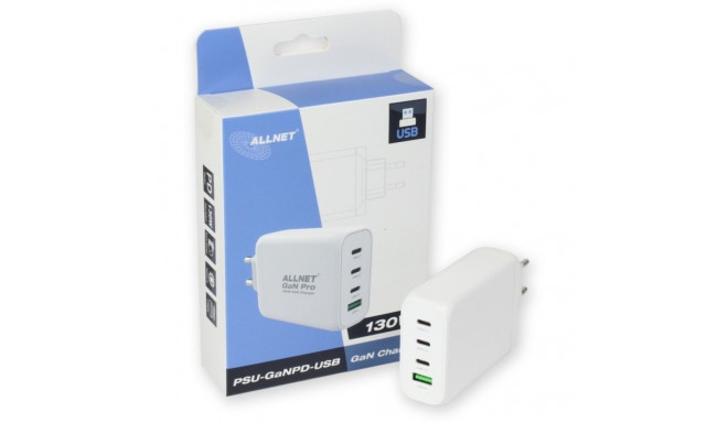 "NET Z ALLNET Ersatznetzteil QC USB-C PD GaN Netzteil Power Supply130Watt 1x USB Typ-A QC 3x USB Typ