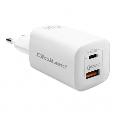 QOLTEC laadija 50765 GaN ULTRA 65W 5-20V / 2.25 3.25A / 1 x USB type C PD / 1x USB, valge